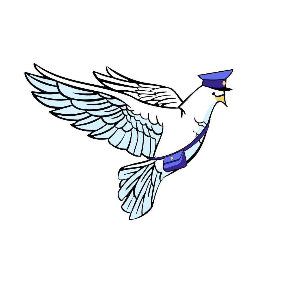 White carrier pigeon with a bag and a cap on a white Vector illustration.