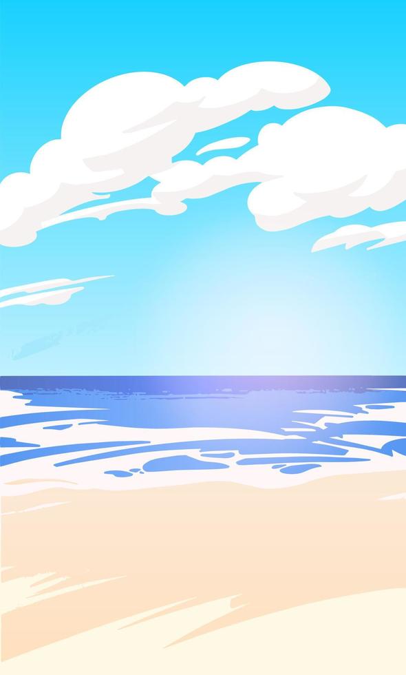 Beautiful vertical seascape with a sea view on a summer day, seashore with sand. Vector illustration.