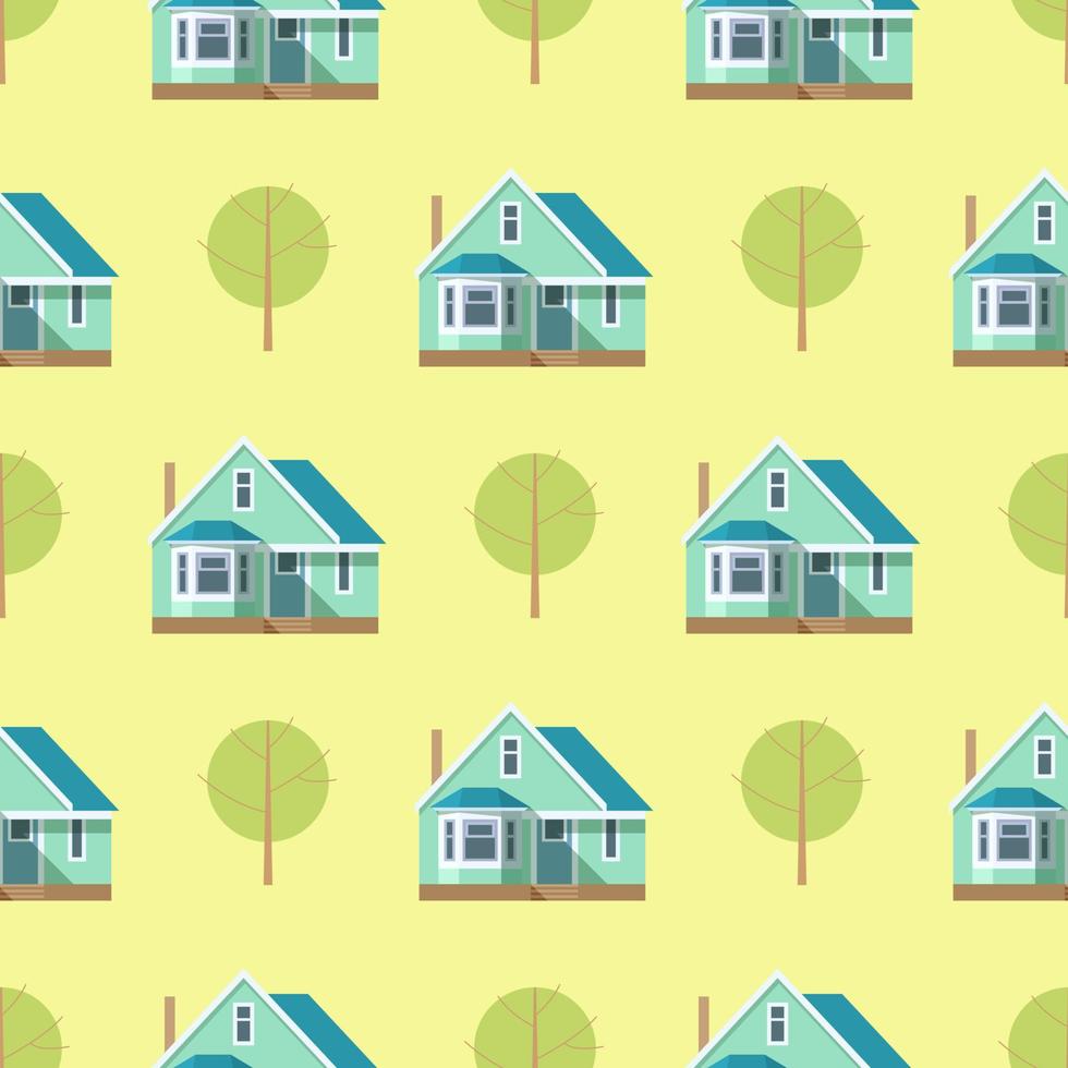 patrón de árboles y casas sobre un fondo amarillo en estilo de dibujos animados para impresión y diseño. ilustración vectorial vector
