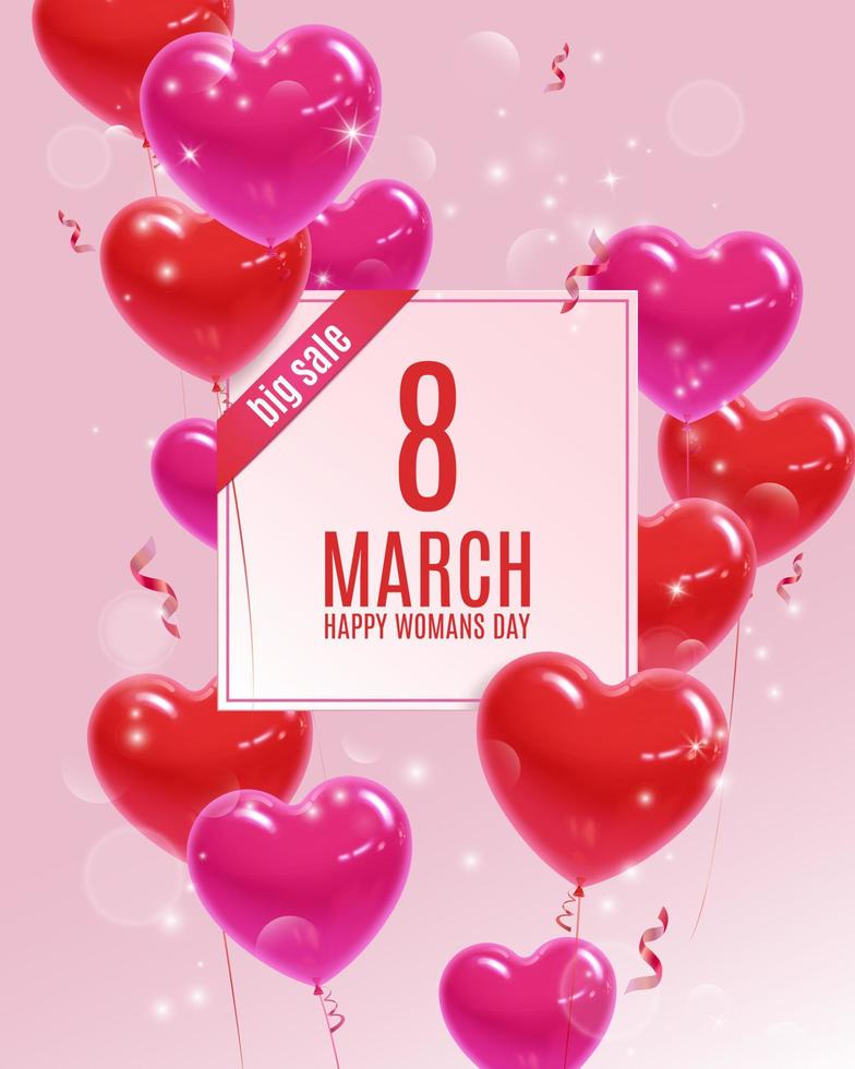 Vertical banner for March 8, International Women's Day. Offer of discounts for the holiday, Big sale. Heart balloons. Vector illustration for business