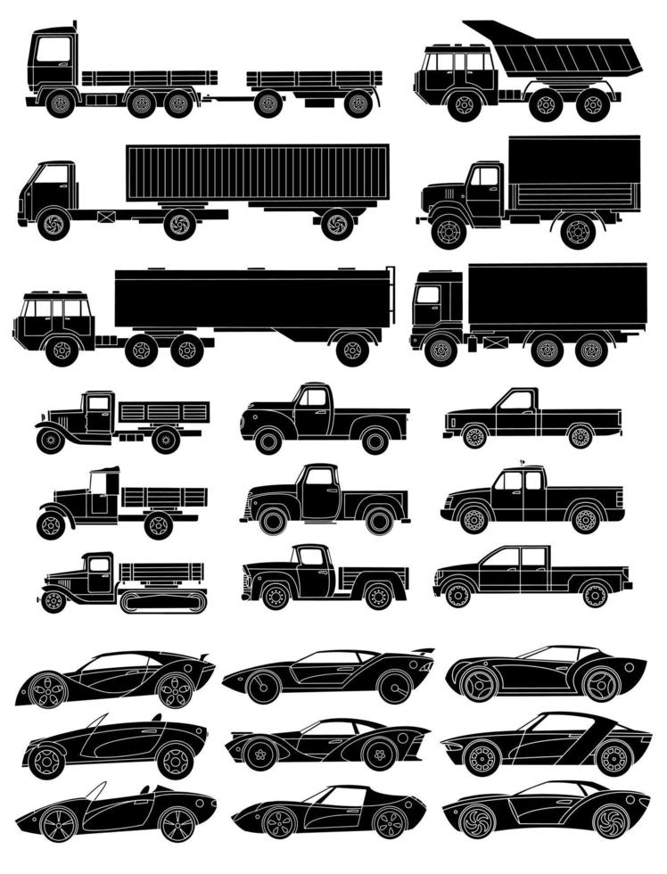 Set of drawn cars side view. Black silhouette with detailed details. Vector illustration