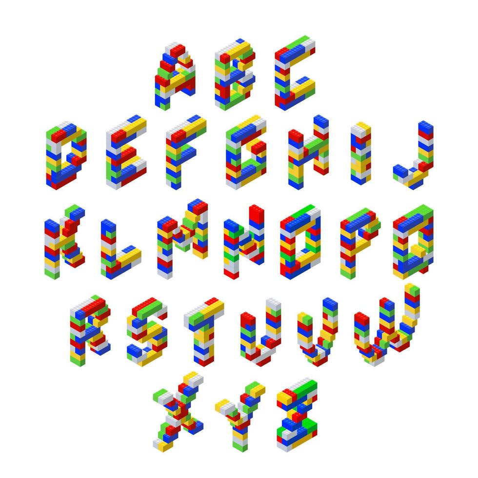 Isometric font made from colored plastic blocks. Complete alphabet. The childrens designer. Vector illustration