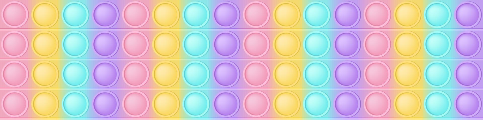 Popping toy wide background a cartoon trendy silicon fidget toys. Addictive toy in pastel colors. Bubble sensory developing for fidgets. Vector illustration in rectangle format for banner.