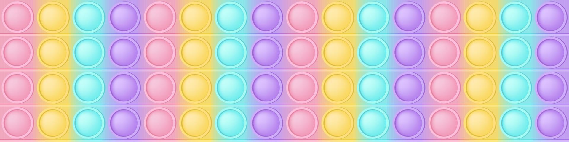 Popping toy wide background a cartoon trendy silicon fidget toys. Addictive toy in pastel colors. Bubble sensory developing for fidgets. Vector illustration in rectangle format for banner.