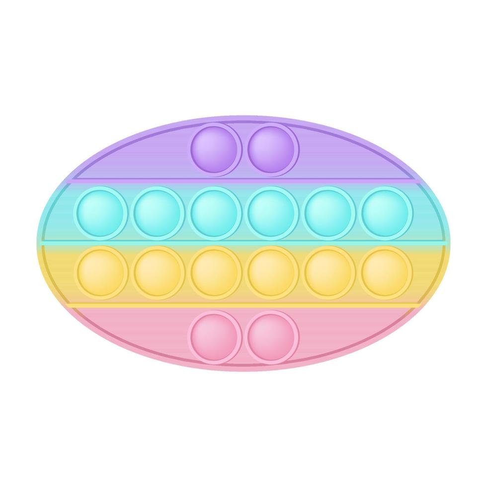 Popping toy figure oval as a fashionable silicon toy for fidgets. Addictive anti stress toy in pastel rainbow colors. Bubble anxiety developing toys for kids. Vector illustration isolated on white.