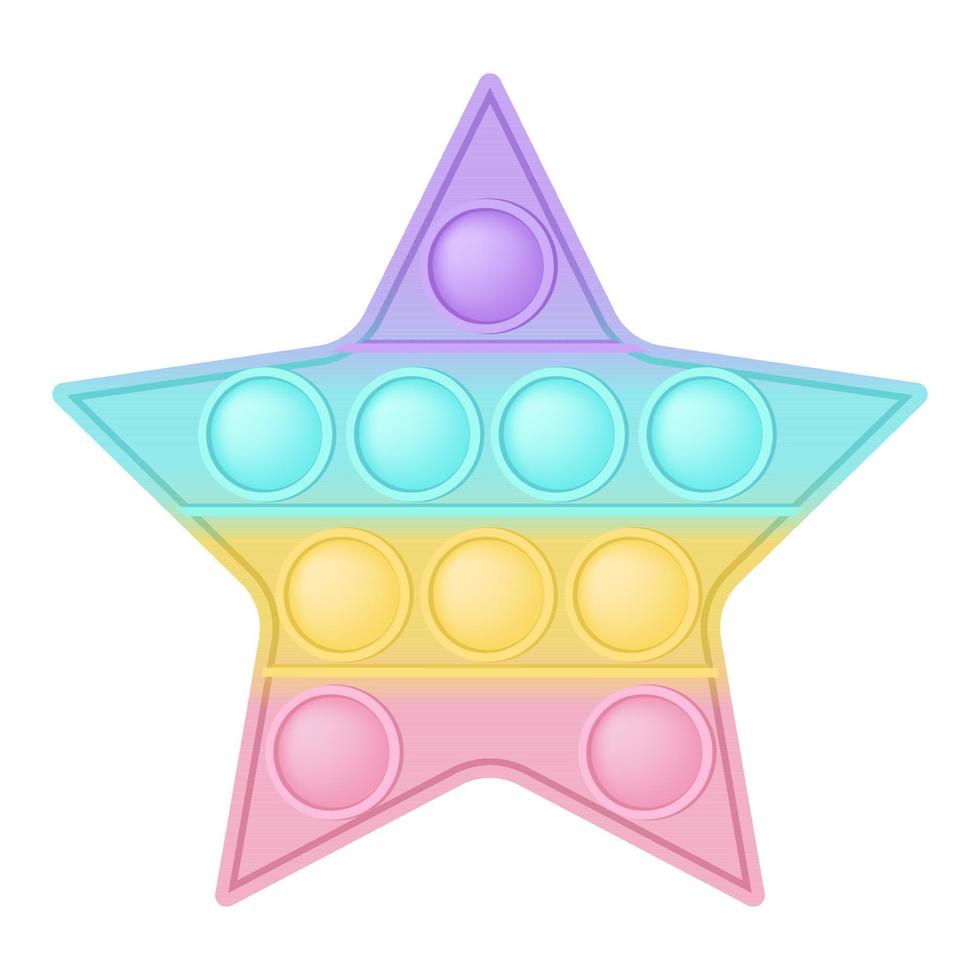 Popping toy figure star as a fashionable silicon toy for fidgets. Addictive anti stress toy in pastel rainbow colors. Bubble developing toys for kids. Vector illustration isolated on white.