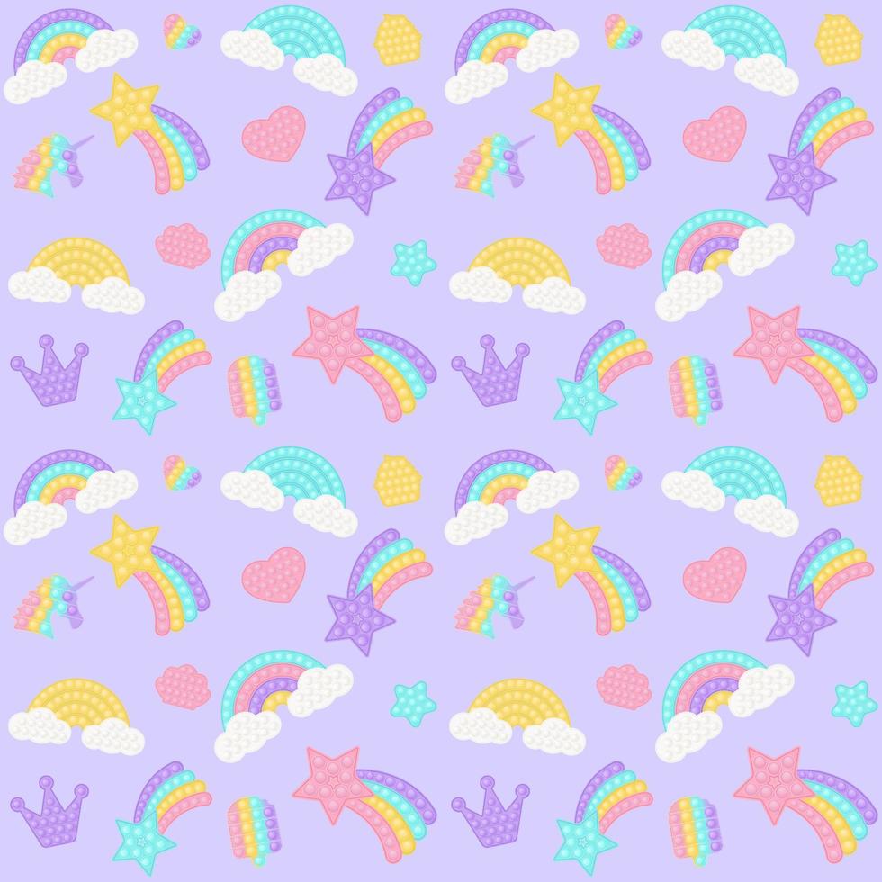 Popping toy background with a fashionable silicon fidget toys. Addictive bubble toy in pastel colors. Background with rainbow, star. Vector illustration on purple background.
