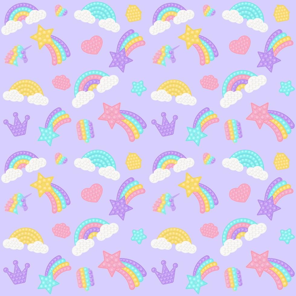 fondo de juguete con juguetes de silicona de moda. Juguete de burbujas adictivo en colores pastel. fondo con arco iris, estrella. ilustración vectorial sobre fondo morado. vector