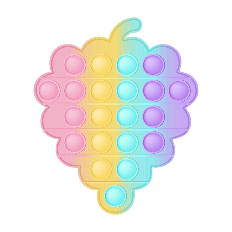 Popping toy figure grape as a fashionable silicon toy for fidgets. Addictive anti stress toy in pastel rainbow colors. Bubble developing toys for kids. Vector illustration isolated on white.