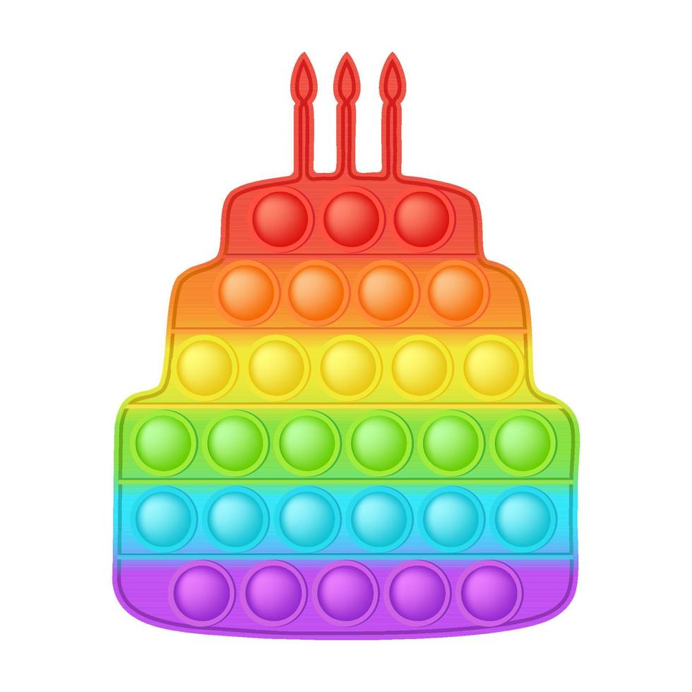 Popping toy bright rainbow Birthday cake silicon toy for fidgets. Addictive bubble sensory developing toy for kids fingers. Vector illustration isolated