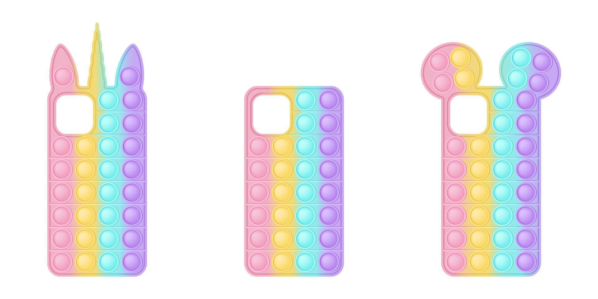 Mobile phone cases in the form popping toy for fidgets. The covers in pastel rainbow colors with unicorn and ears and a simple shape. Vector illustration isolated on a white background.