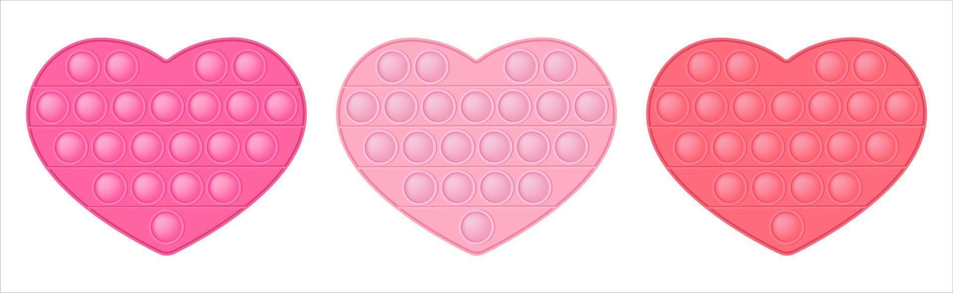 Popping toy love heart icons symbol of Valentines day in style of fashionable silicon fidget toys. The figure of hearts pink, red, fuchsia colors. Vector illustration isolated on white.