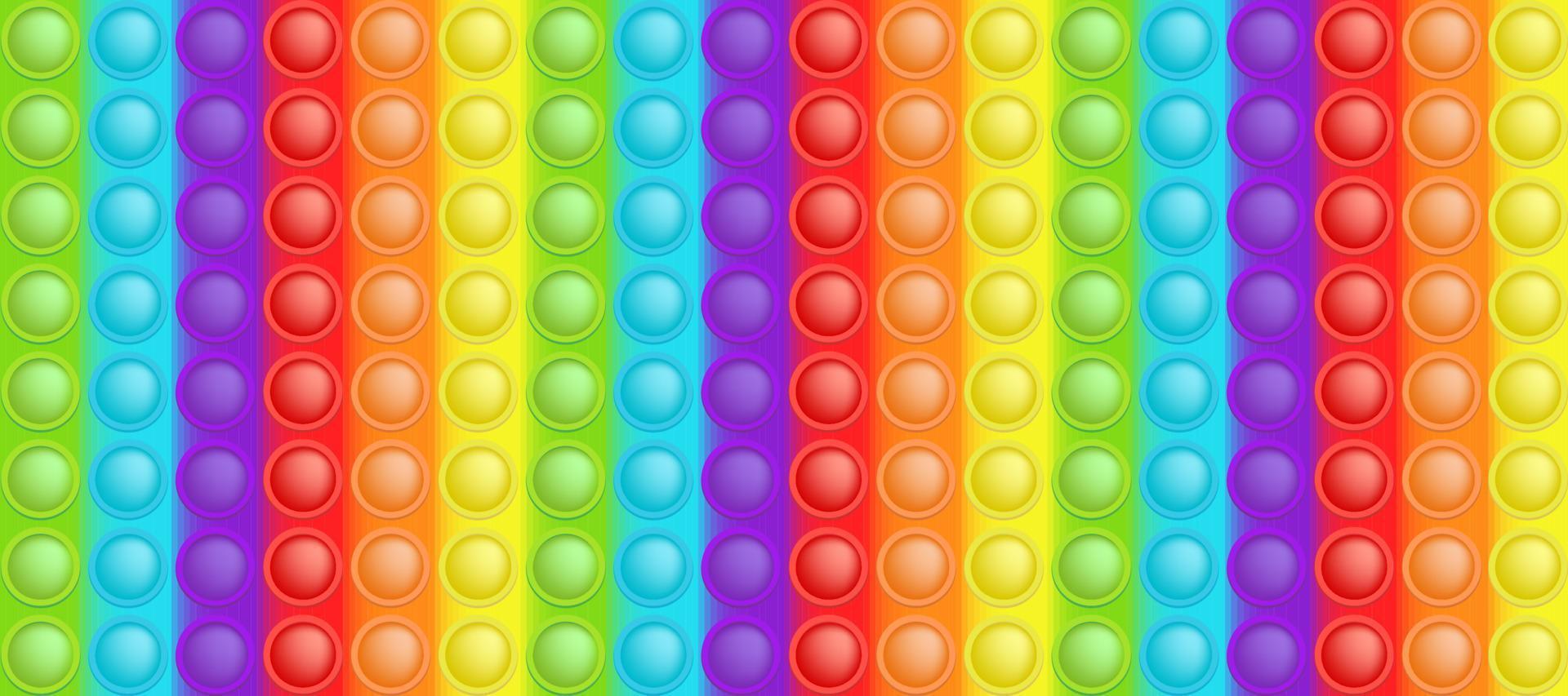 Fondo de arco iris de colores de juguete que hace estallar como un juguete de silicona de moda para inquietos. adictivo juguete de burbujas antiestrés en colores brillantes. ilustración vectorial en formato rectangular adecuado para bunner. vector