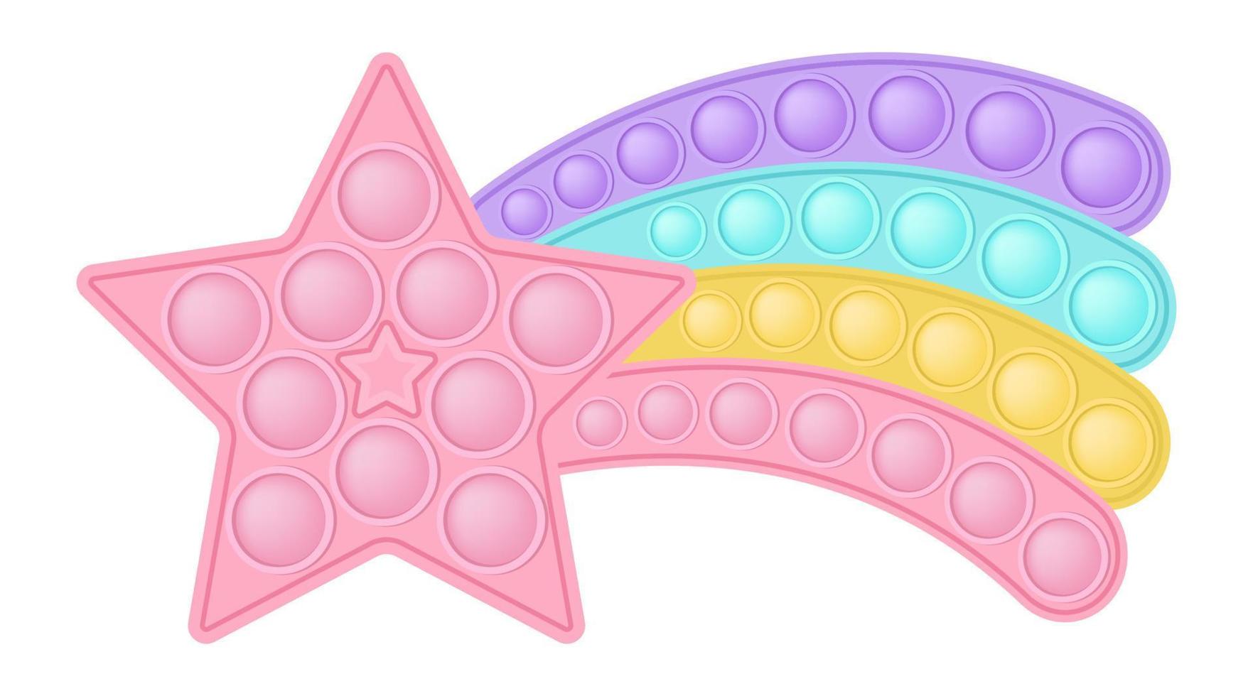 Popping toy pink star with a rainbow tail as a silicon toy for fidgets. Addictive anti-stress toy in pastel pink color. Bubble sensory developing toy for kids fingers. Vector illustration isolated