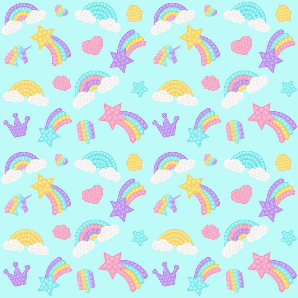 Popping toy background with a fashionable silicon fidget toys. Addictive bubble toy in pastel colors. Background with rainbow, star. Vector illustration on blue background.