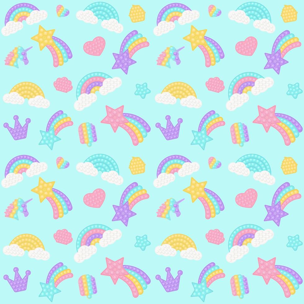 fondo de juguete con juguetes de silicona de moda. Juguete de burbujas adictivo en colores pastel. fondo con arco iris, estrella. ilustración vectorial sobre fondo azul. vector