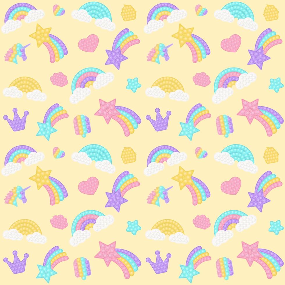 Popping toy background with a fashionable silicon fidget toys. Addictive bubble toy in pastel colors. Background with rainbow, star. Vector illustration on yellow background.