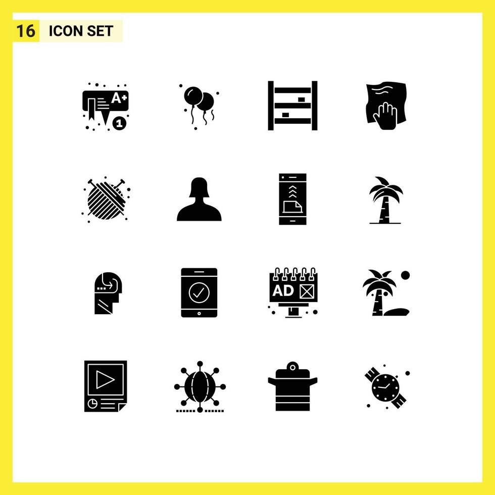 Modern Set of 16 Solid Glyphs Pictograph of dressmaker scrub furniture rub hand Editable Vector Design Elements