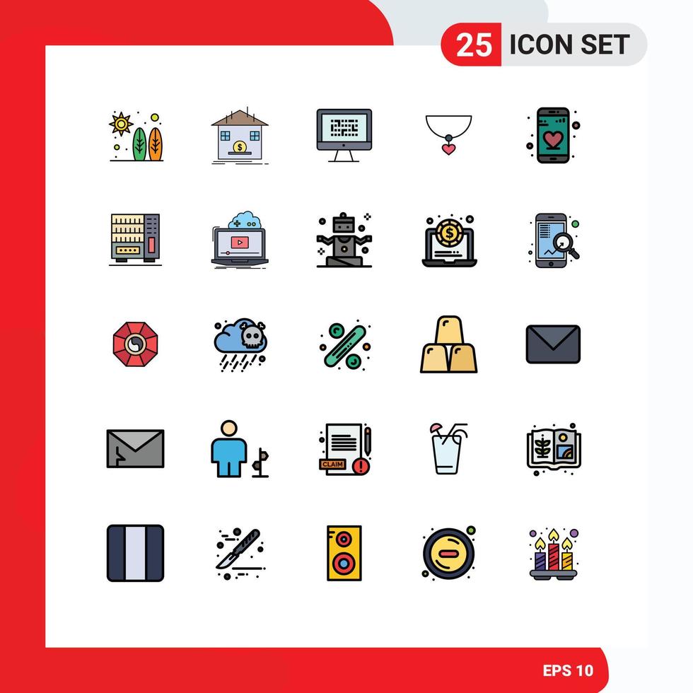 Filled line Flat Color Pack of 25 Universal Symbols of gift necklace bank problem encryption Editable Vector Design Elements