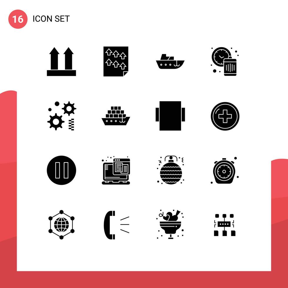 Group of 16 Modern Solid Glyphs Set for cogwheel time report management yacht Editable Vector Design Elements