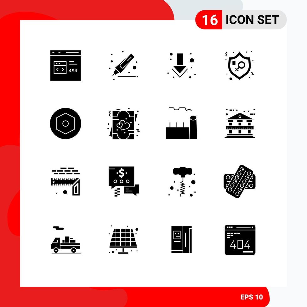 Set of 16 Commercial Solid Glyphs pack for nut woman arrow protection justice Editable Vector Design Elements