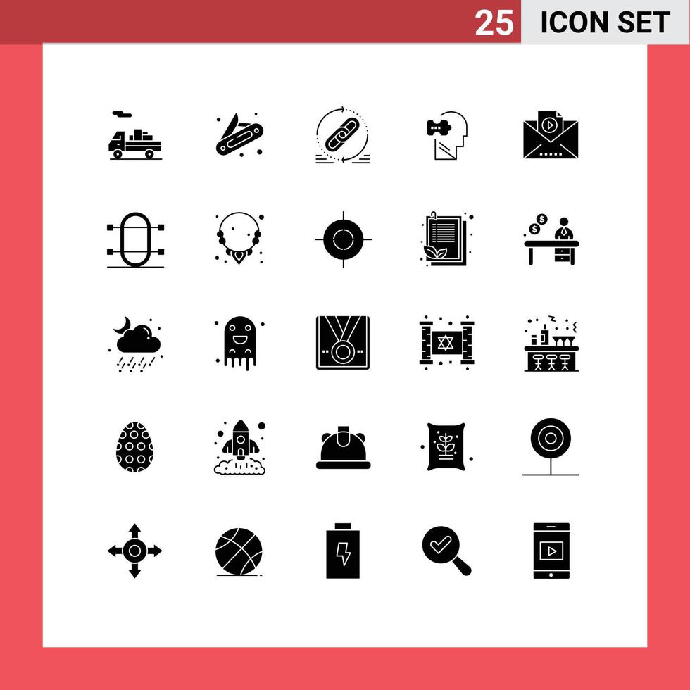 Set of 25 Commercial Solid Glyphs pack for vide email web solving mind Editable Vector Design Elements