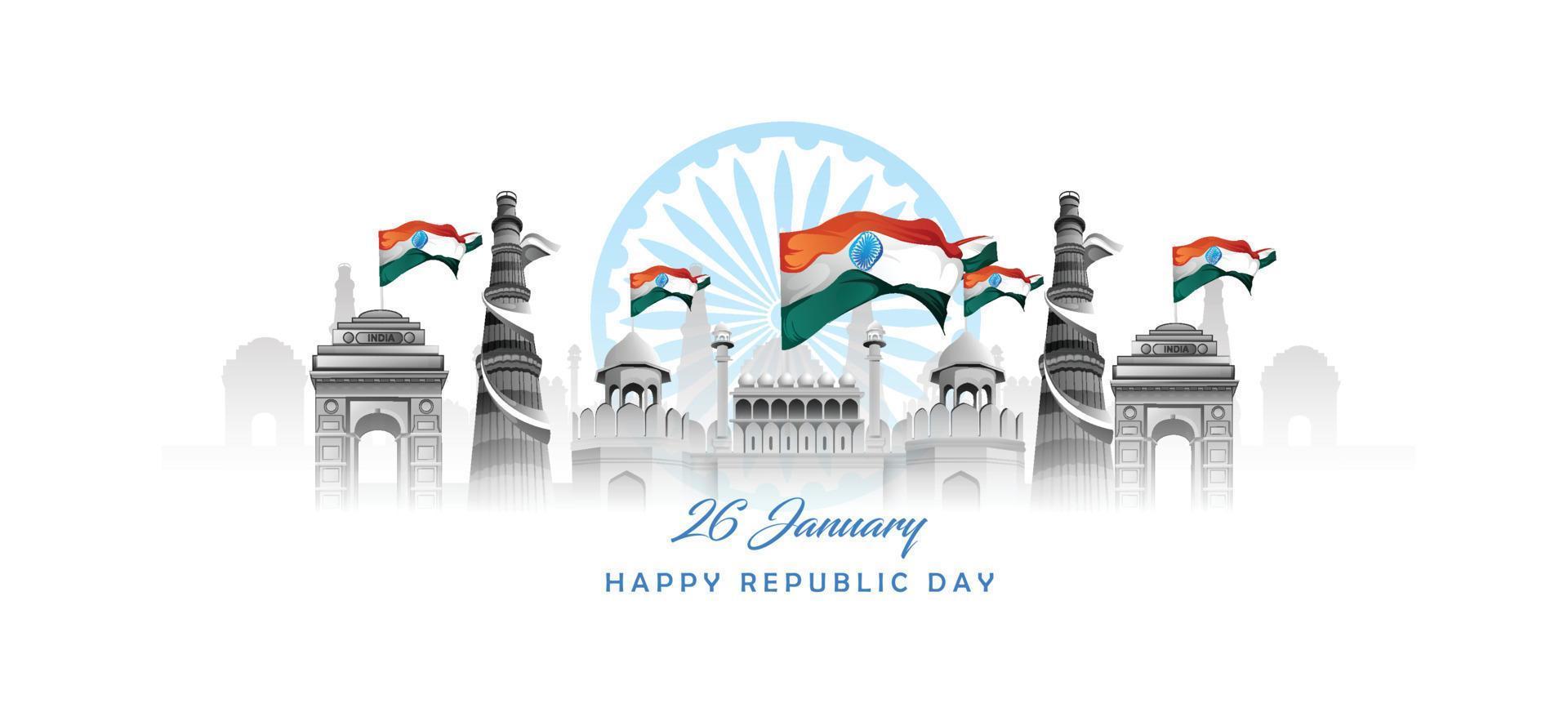 26 de enero con el arte de la bandera celebración india feliz día de la república india saludos. diseño de ilustración vectorial vector