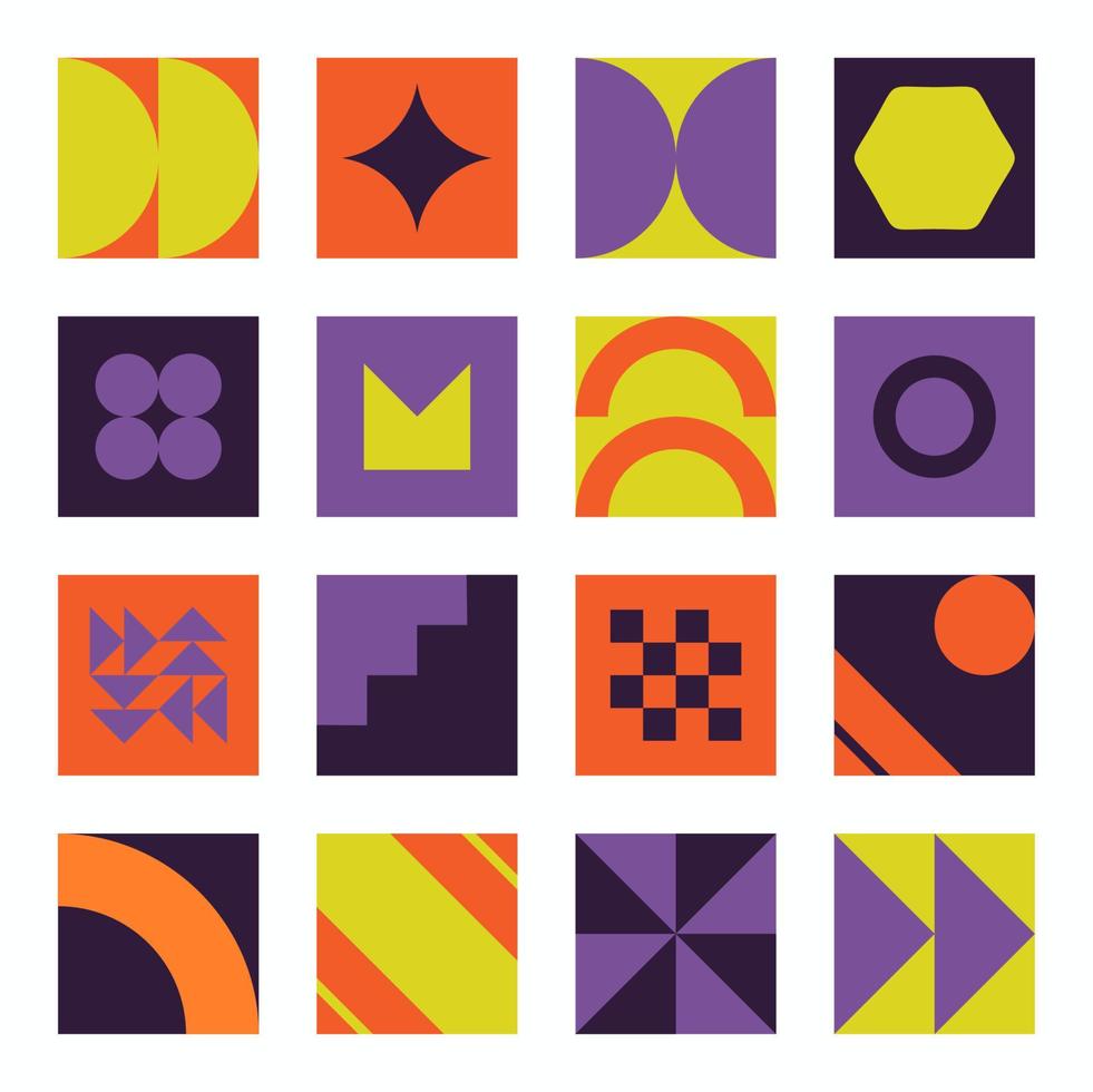 Bauhaus elements. Modern geometric abstract shapes in minimal style. Brutalism basic forms, lines, eye, circles and patterns, art vector set. Colorful figures and dots simple design.