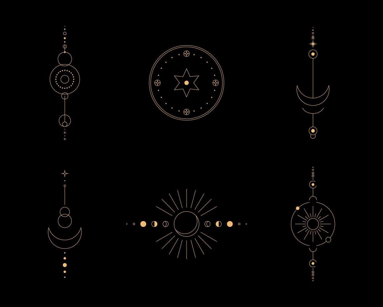 Set of moon and sun line art. Minimal boho linear symbols. Celestial mystic element. Vector line art illustration.