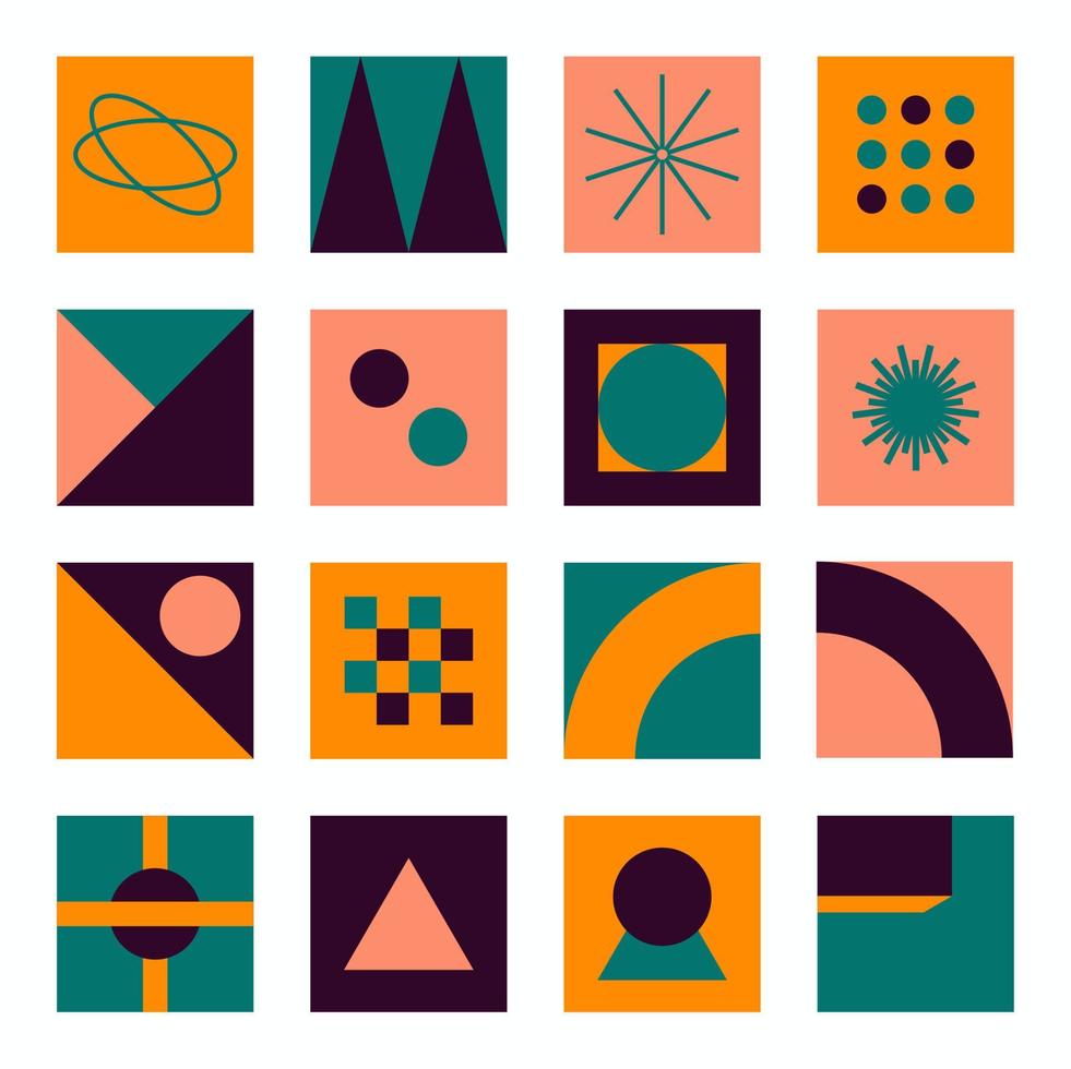 Bauhaus elements. Modern geometric abstract shapes in minimal style. Brutalism basic forms, lines, eye, circles and patterns, art vector set. Colorful figures and dots simple design.