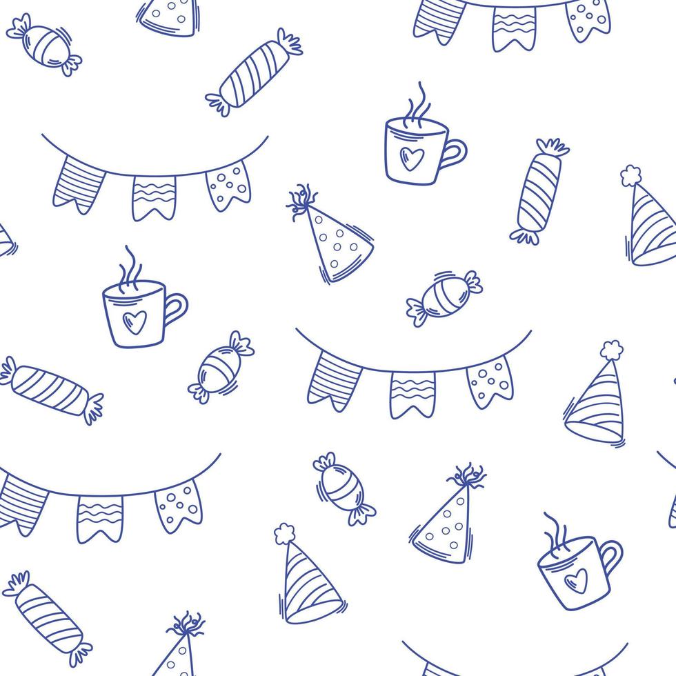 Birthday seamless pattern. Party decorative items. Birthday cream cakes, gift boxes, garlands. Hand drawn background for a party, holiday for children, festival. Vector cartoon illustration.