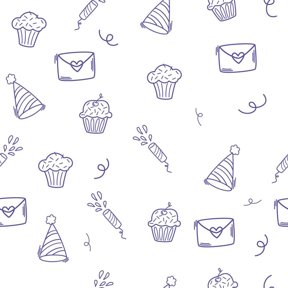 Birthday seamless pattern. Party decorative items. Birthday cream cakes, gift boxes, garlands. Hand drawn background for a party, holiday for children, festival. Vector cartoon illustration.