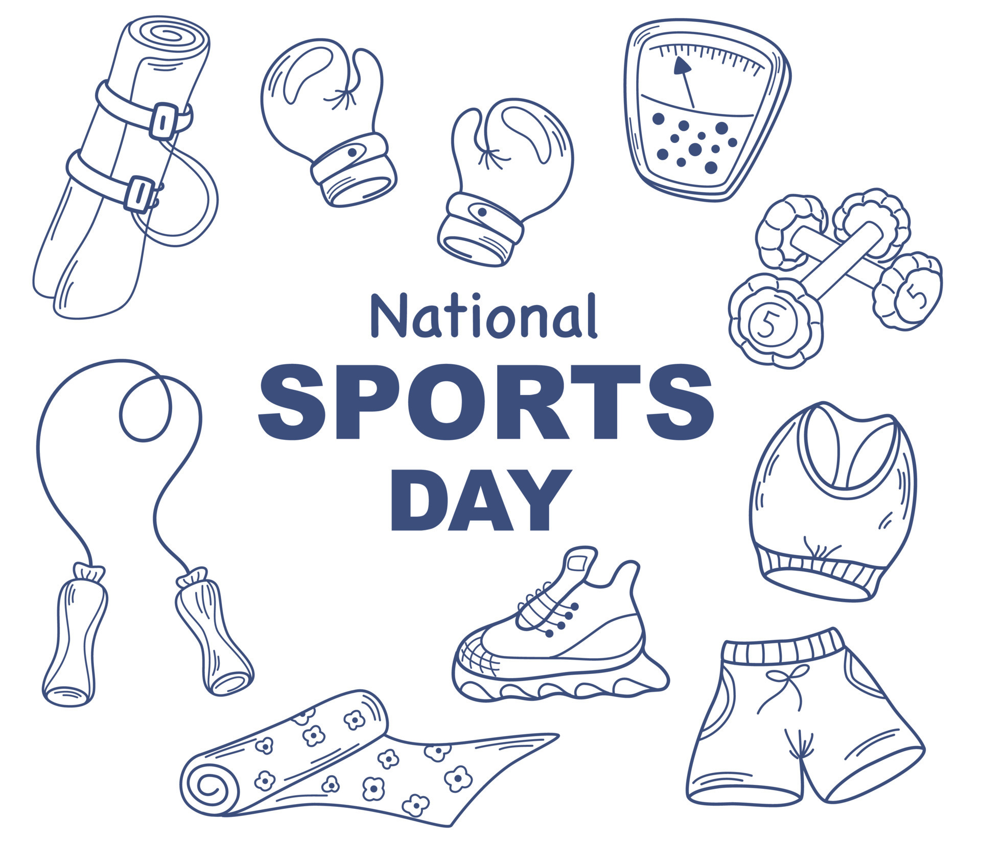 Sports Day Banner. Text with Sport equipment, sportswear, boxing gloves,  dumbbells, sneakers, a player and a fitness bracelet. Vector cartoon  illustration. 17150098 Vector Art at Vecteezy