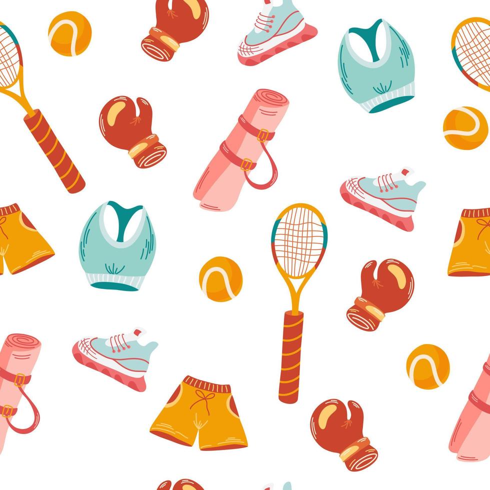 Sports items seamless pattern. Jump rope, dumbbells, fitness watch, yoga mat, player. Repeatable background is ideal for printing scrapbooking textiles and fitness.Vector cartoon illustration. vector