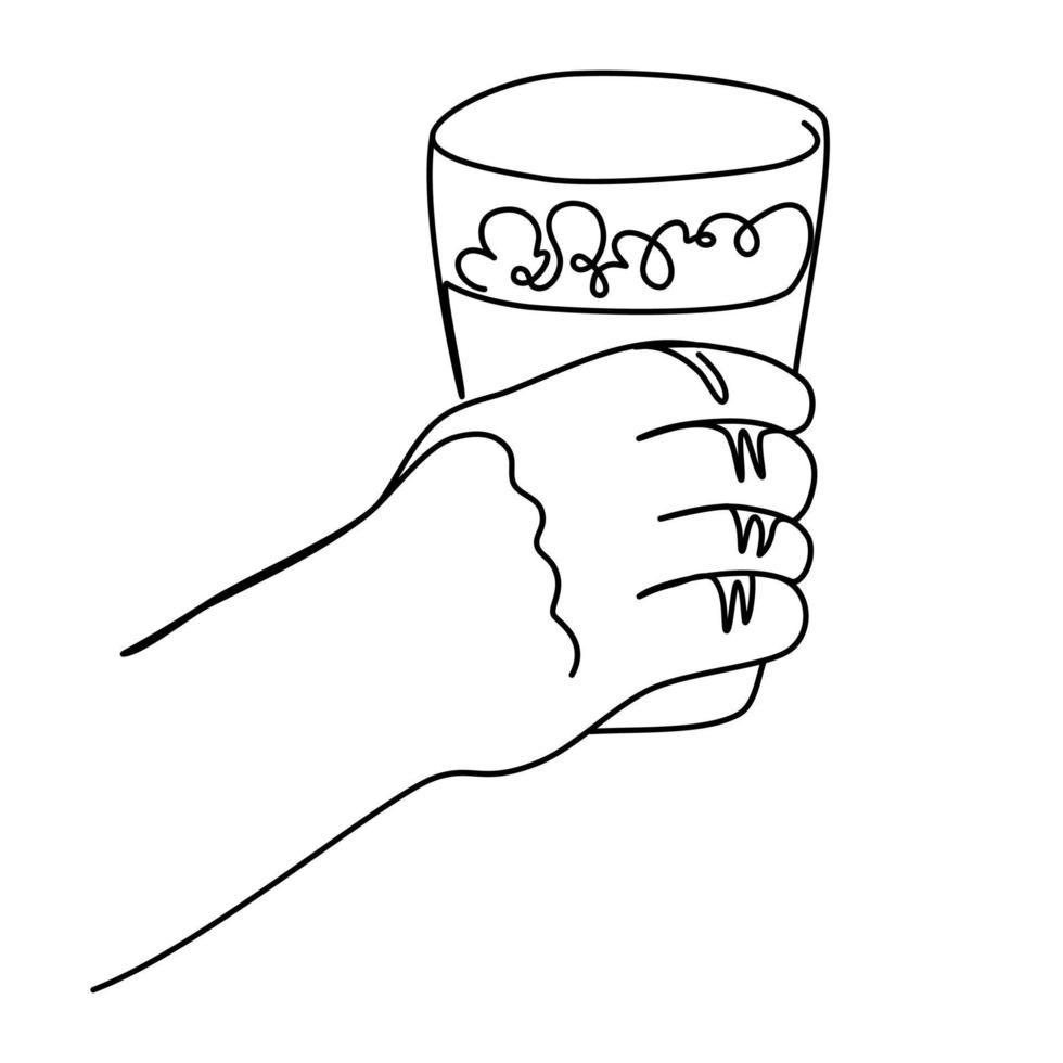 Hand holding a mug of beer. Craft drink alcohol ale in simple linear style for bar and pub concept for menu. Oktoberfest equipment. Continuous one line drawing of beer glass with foam. Vector