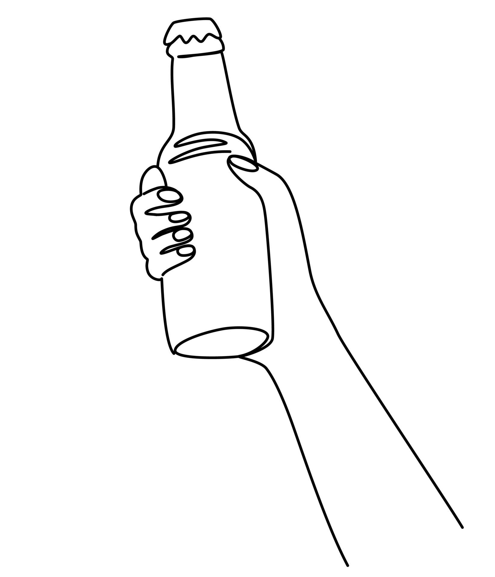 Hand holding a bottle of beer. Craft drink alcohol ale in simple linear style for bar and pub