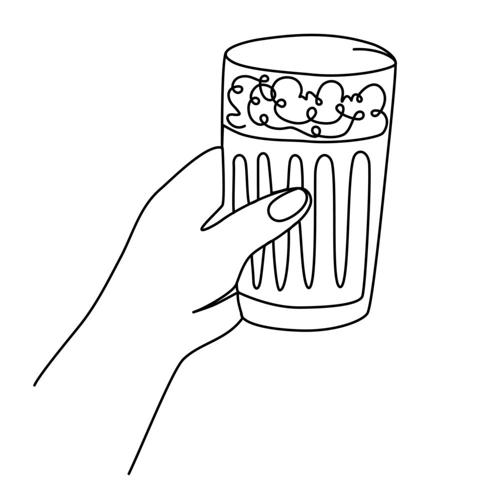 Hand holding a mug of beer. Craft drink alcohol ale in simple linear style for bar and pub concept for menu. Oktoberfest equipment. Continuous one line drawing of beer glass with foam. Vector