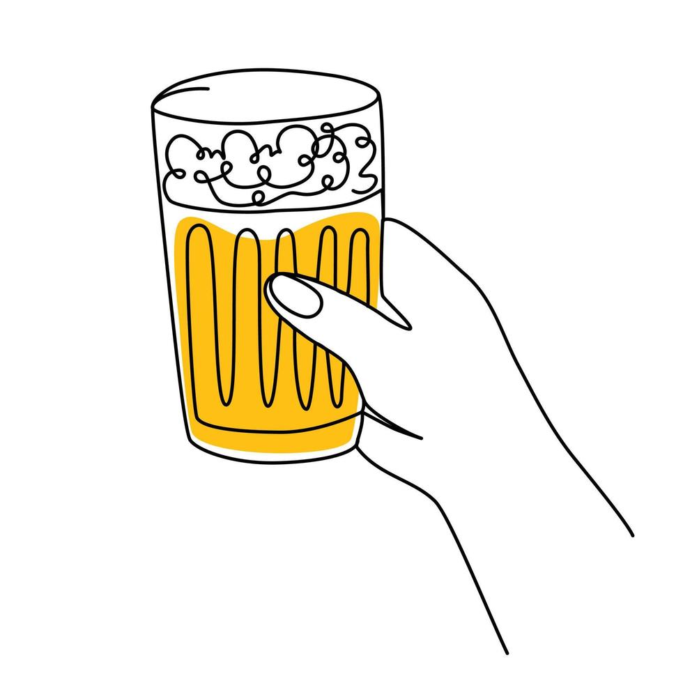 Hand holding a mug of beer. Craft drink alcohol ale in simple linear style for bar and pub concept for menu. Oktoberfest equipment. Continuous one line drawing of beer glass with foam. Vector