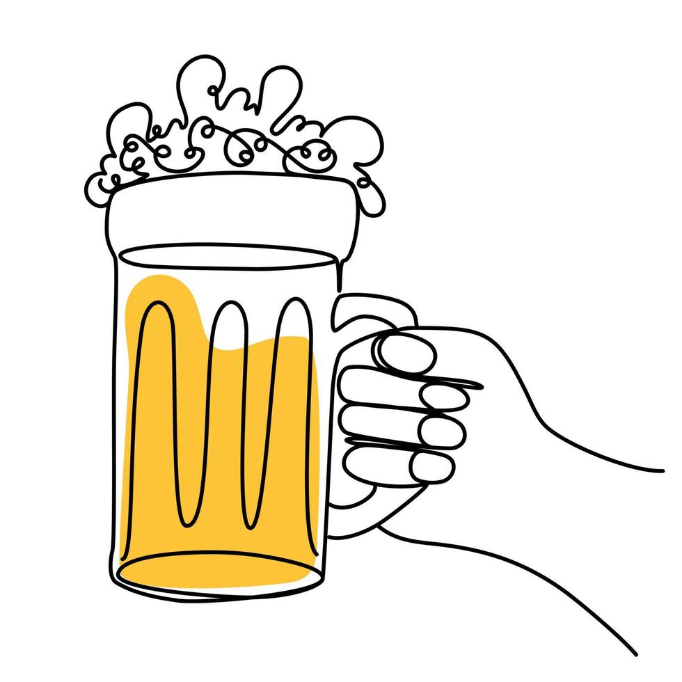 Hand holding a mug of beer. Craft drink alcohol ale in simple linear style for bar and pub concept for menu. Oktoberfest equipment. Continuous one line drawing of beer glass with foam. Vector