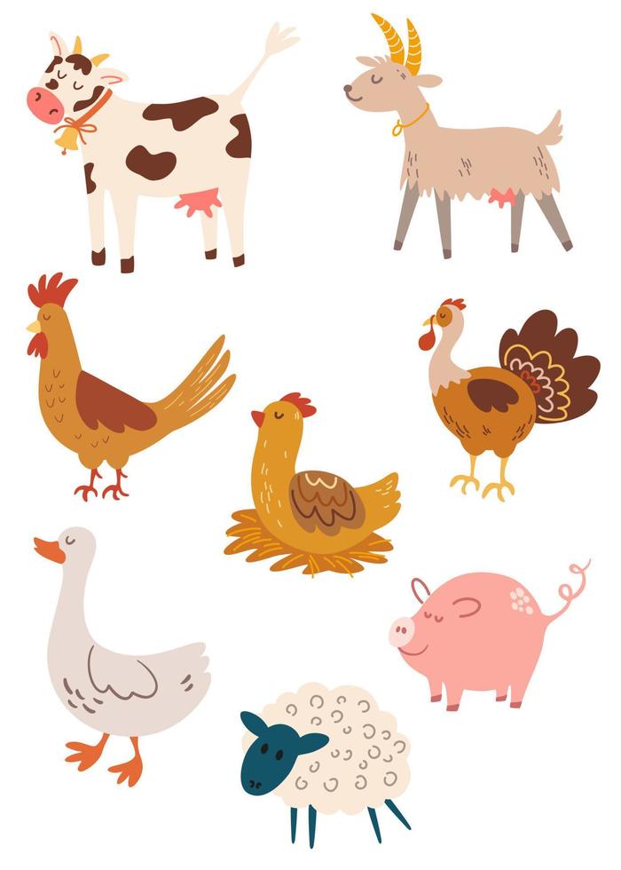 Farm animals. Cow, goat, turkey, rooster, chicken, sheep, goose, pig. Set of farm and countryside. Perfect for printing, logo, logo and product for products. Vector cartoon illustration.