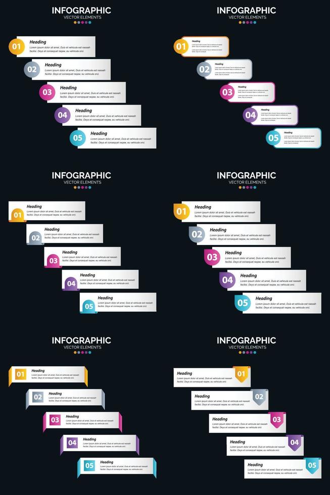 plantilla de diapositiva de presentación del paquete de infografías vectoriales 6 diagramas de ciclo de 5 pasos y líneas de tiempo vector