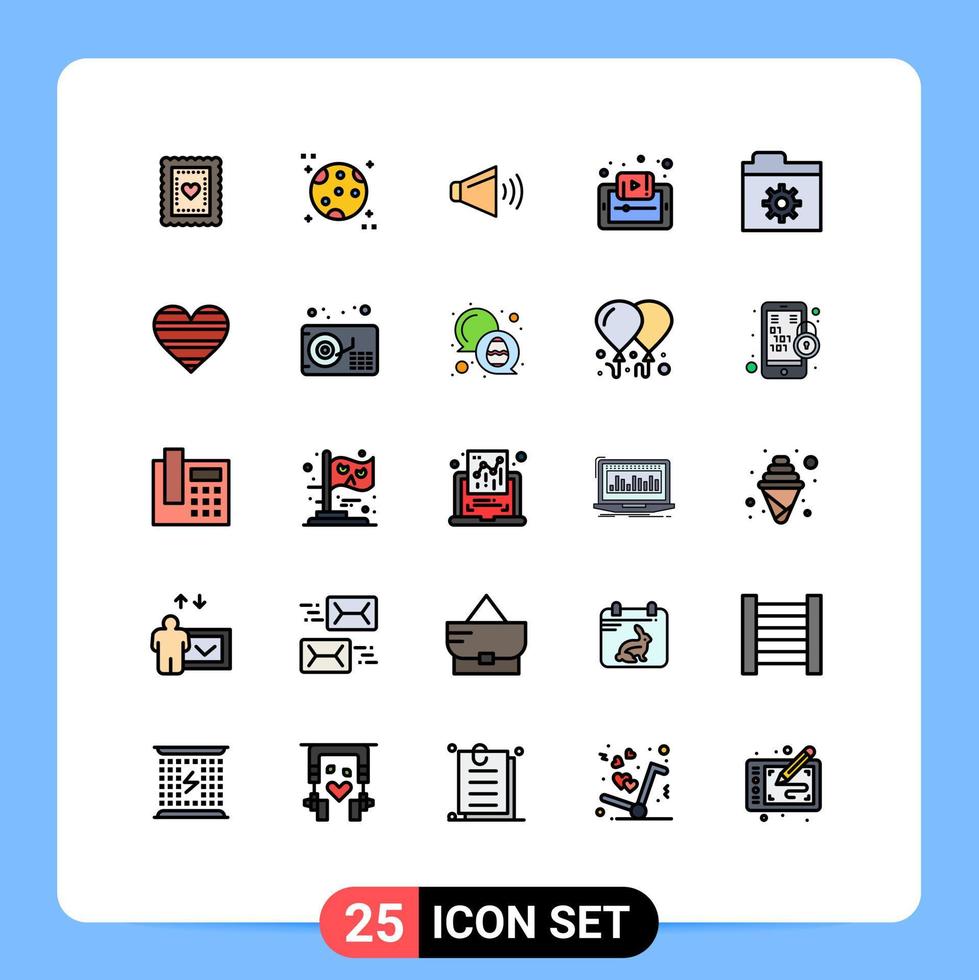 Set of 25 Vector Filled line Flat Colors on Grid for control smartphone speaker mobile e Editable Vector Design Elements