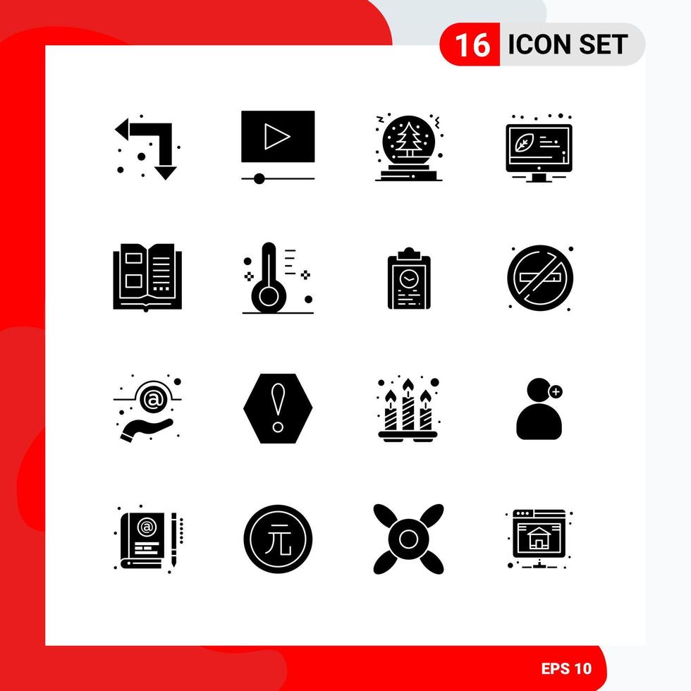 Pack of 16 Modern Solid Glyphs Signs and Symbols for Web Print Media such as knowledge book snow energy ecology Editable Vector Design Elements