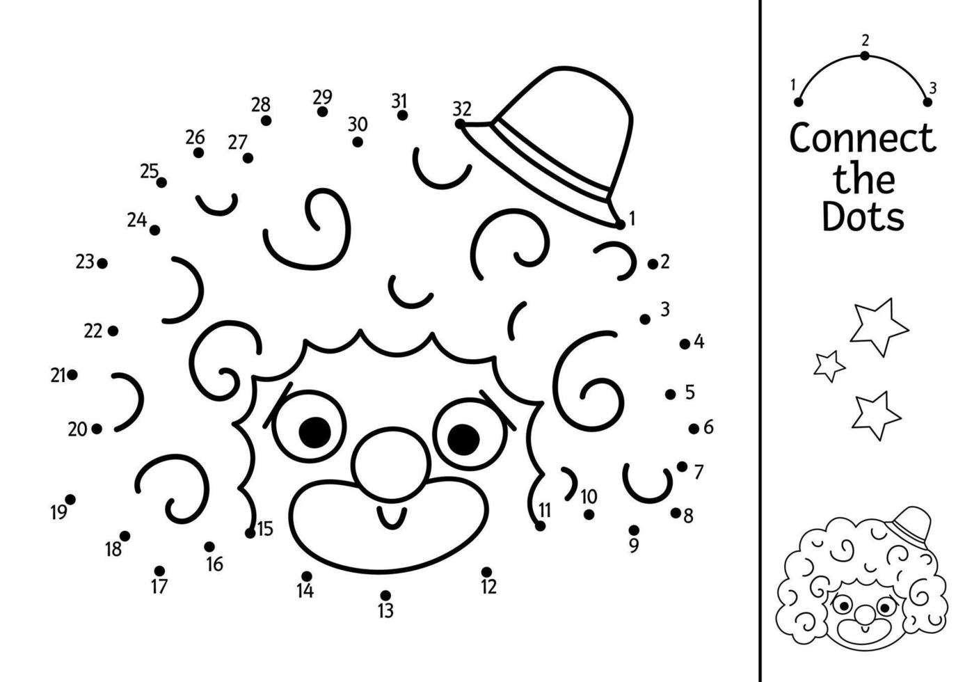 Vector dot-to-dot and color activity with cute clown face. Circus connect the dots game for children with funny artist. Amusement show coloring page for kids. Printable worksheet