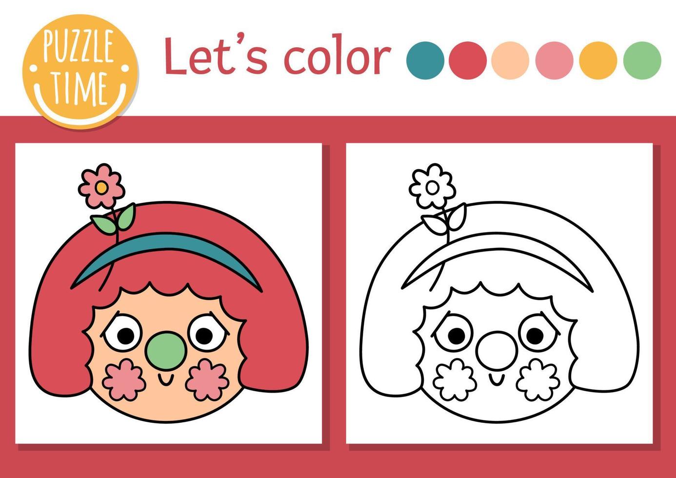 página de color de circo para niños con cara de payaso. ilustración de esquema de espectáculo de entretenimiento vectorial con un lindo artista de escenario. libro de colores para niños con ejemplos de colores. hoja de trabajo imprimible de habilidades de dibujo vector