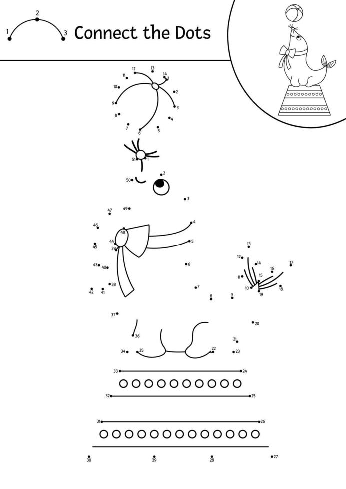 Vector dot-to-dot and color activity with cute seal with ball. Circus connect the dots game for children with funny animal. Amusement show coloring page for kids. Printable worksheet