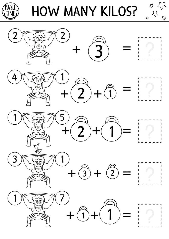 Circus how many kilos black and white game with funny athlete, weight, dumbbells. Amusement show line math addition activity for preschool children. Printable simple counting coloring page vector