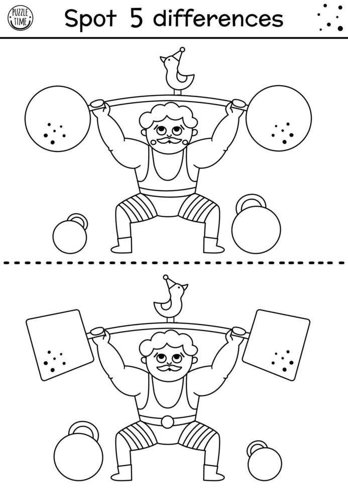 juego de encontrar diferencias en blanco y negro de circo. actividad educativa con strongman levantando pesas. Rompecabezas de línea de espectáculo de diversión para niños con atleta divertido. fiesta para colorear para imprimir vector