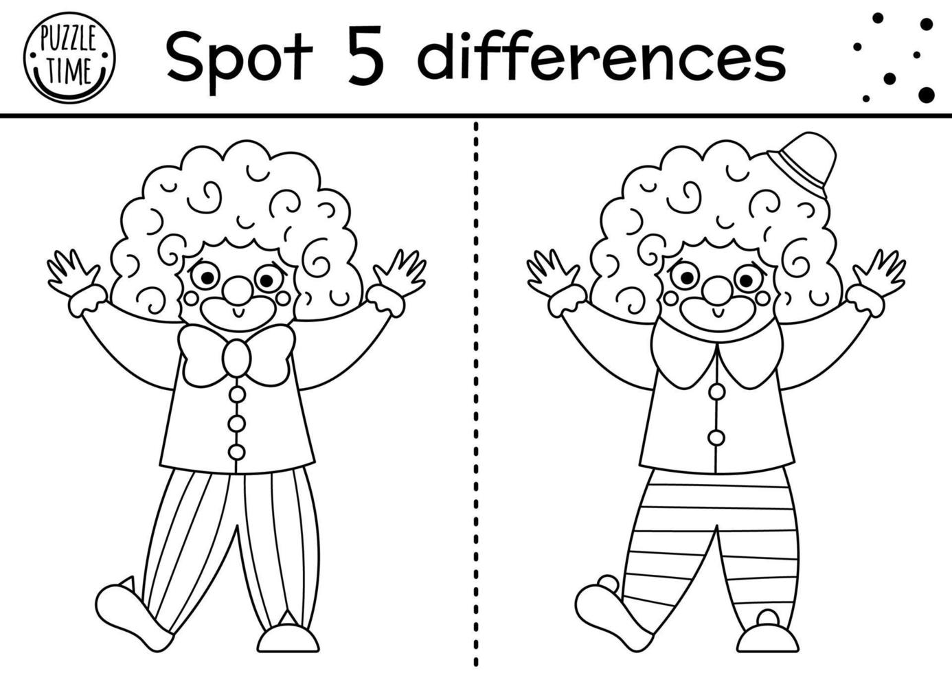 Circus black and white find differences game for children. Educational line activity with cute clown. Amusement show puzzle for kids with funny artist. Entertainment festival coloring page vector