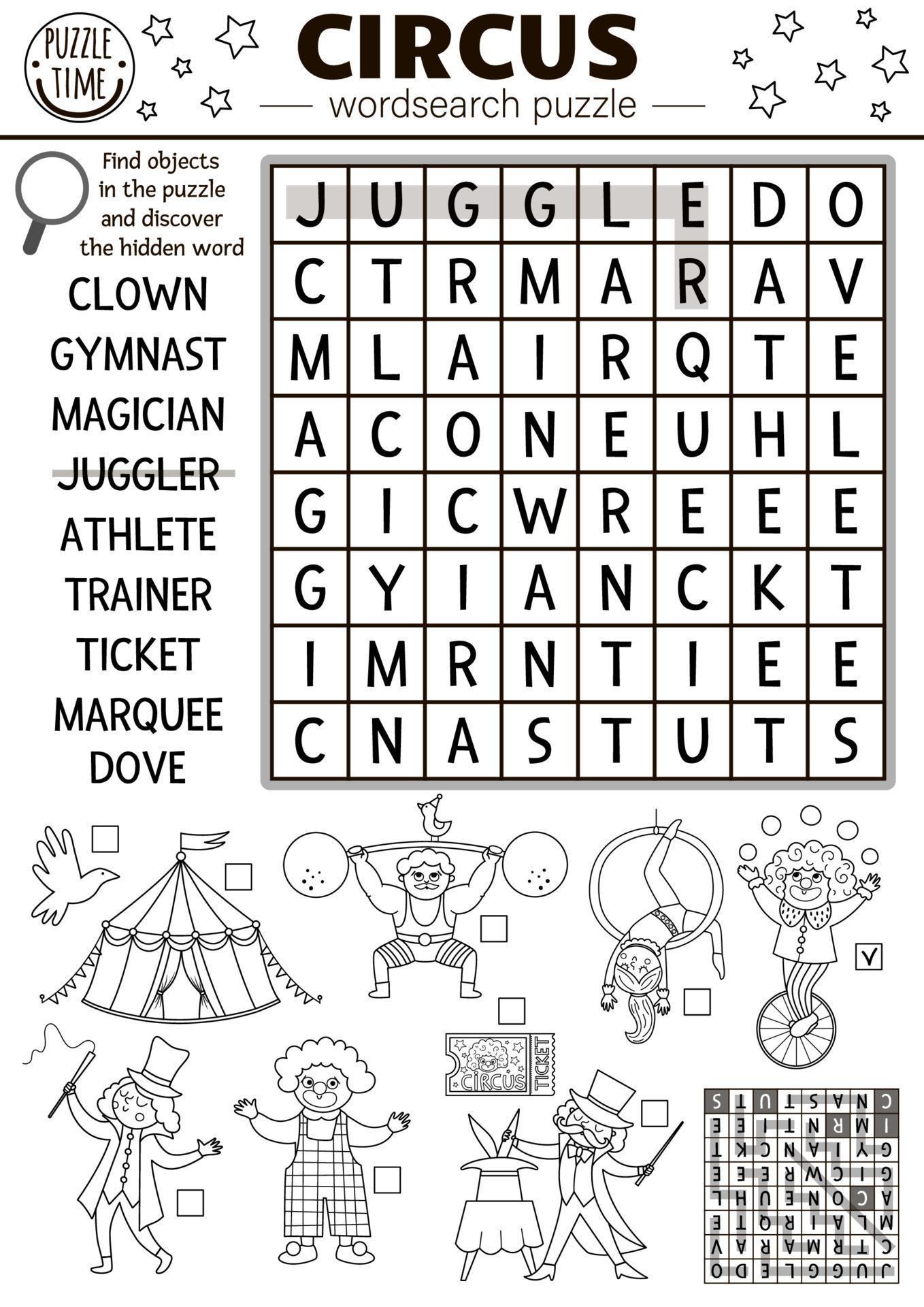 Vector circus wordsearch puzzle for kids Simple black and white